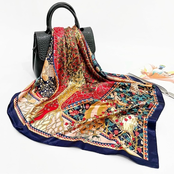 Boho Style Satin Square Scarf for Women - Elegant Chic Shawl with Tree of Life - Picture 1 of 10